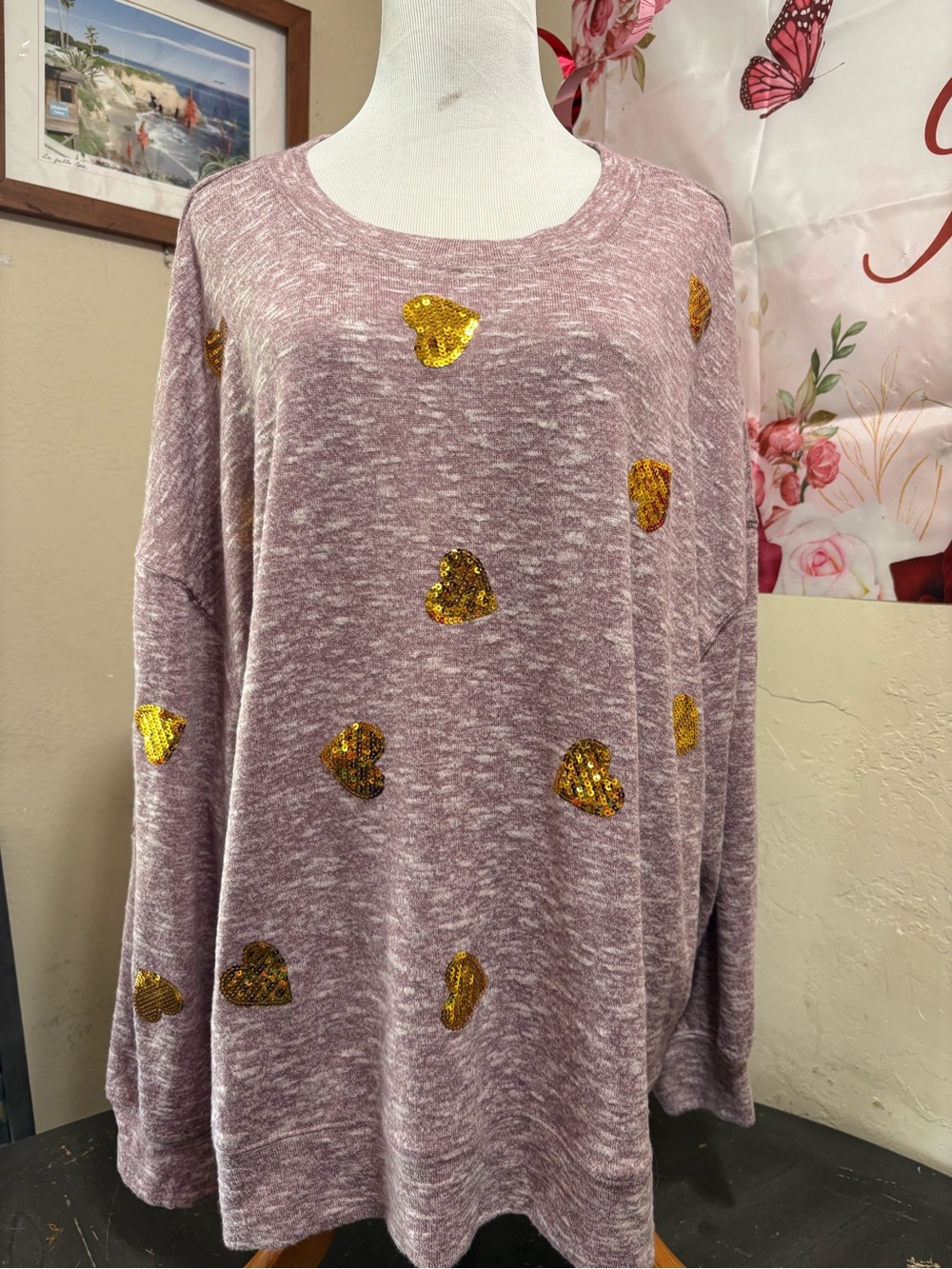 True self Women's Mauve Relaxed Pullover with Gold Sequin Hearts
